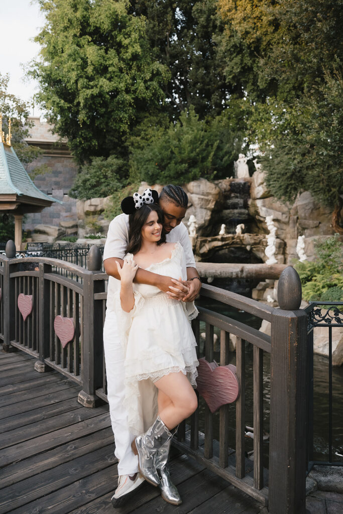 couple hugging at their romantic engagement session