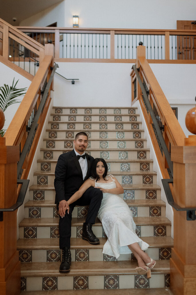 newly married couple at their photoshoot at laguna hills civic center